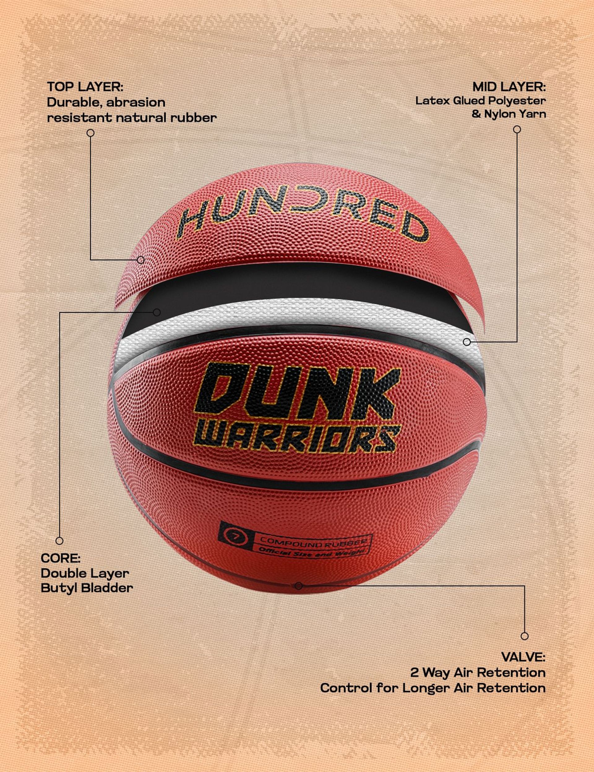 Hundred Dunk Warrior Basketball - Red Banner (Available Size 3, 5 and 7) : High Quality Construction